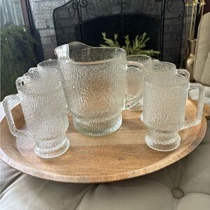 Vintage Indiana Glass Crystal Tree Bark Textured Pitcher & Mug Set